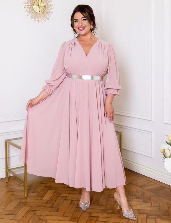 G 5102 1 Сукня вечірня міді з V-вирізом, резинкою на талії та поясом